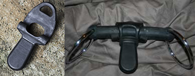 Rubber bit port (left) and a rubber snaffle bit with a rubber bit port attached (right)