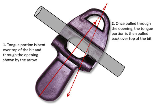 Diagram illustrating how to attach a rubber bit port (also known as a juba tongue port) to a horse bit