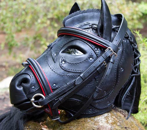 View from the right front of the mask wearing a red bridle slightly too big for it.