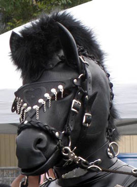 A ponyboy wearing the newer model Bob Basset horse head mask at the 2012 Folsom Street fair