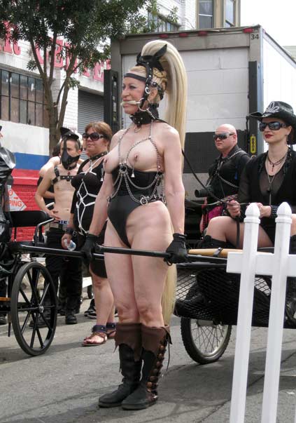 Beauty (subMissAnn), of the LA ponies and critters club, pulling at cart at Folsom 2012.