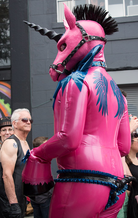 A pink latex unicorn with wings