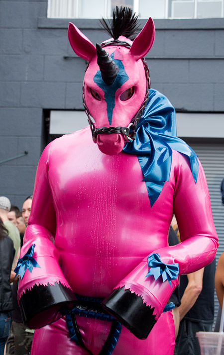 Front view of the pink latex unicorn