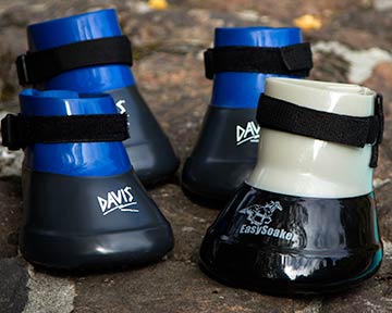 Medicine (also known as soaking or poultice) boots. Typically made of PVC, they are used to protect a horses hoof or to keep it in contact with a medicinal solution.