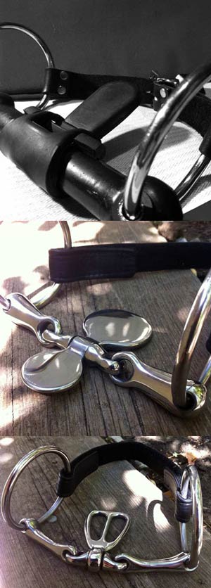 Rubber bit gag with attached rubber bit port (top), english spoon bit (middle), loose ring tongue bit (bottom). These bits are cheap and easy ways to prevent a pony from making intelligible sounds