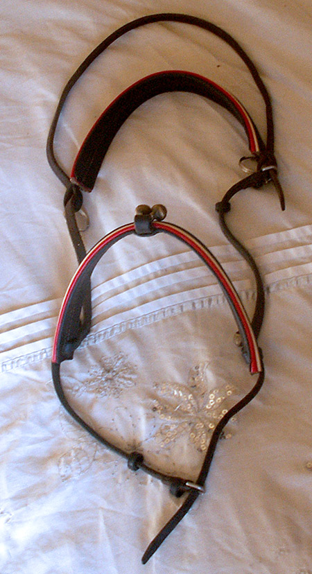 First step in converting a bio-horse bridle to fit a human. Completely remove the headstall cheekpiece and disassemble the bridle.