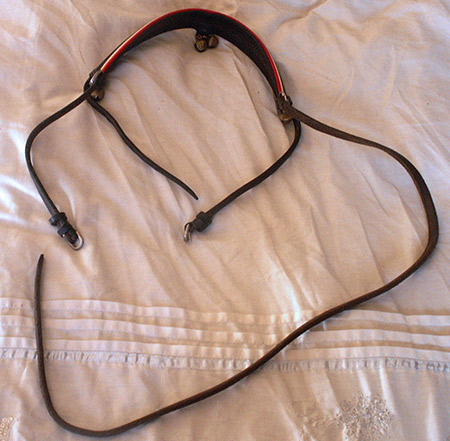 Second step in converting a bio-horse bridle for human use. Remove the noseband of the bridle.