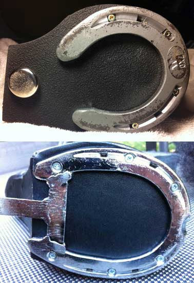 Bottom of Punitive boot (top pane) compared to the bottom of the Reactor ponyplay hoof boot (bottom pane)