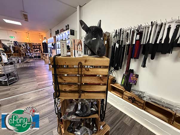 Eufory showroom floor with a horse hood on display