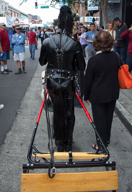 Latex Mustang posing with a fair attendee (view from the back)