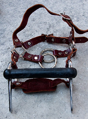 Leather human pony bridle with integrated half cheek straight mouth rubber snaffle