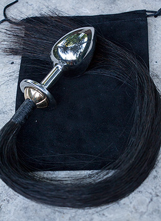 Large metal ponyplay butt plug tail with real horse hair