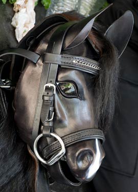 A minishetty horse head mask by Fury Fantasy. This is the mask of a House of Hunt pony, resting it until the start of the 2013 SF Pride Parade