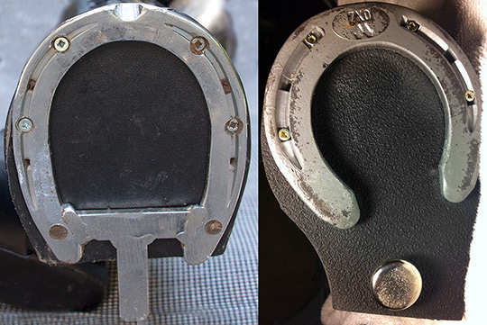 Bottom of the Reactor (left) and Derby (right) hoof boots.