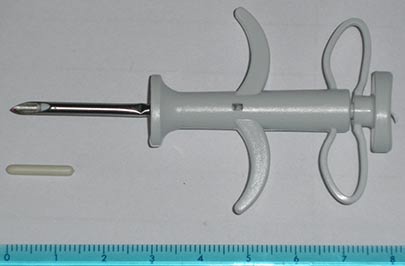 RFID implant along with needle and syringe used for subcutaneous implantation