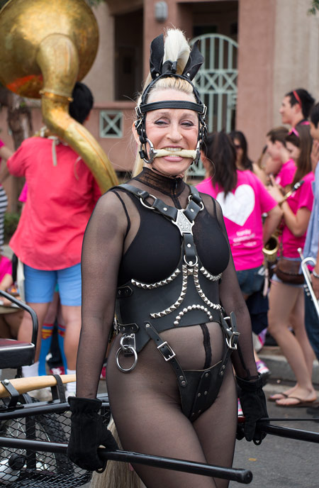 A ponygirl (subMissAnn) hooked up to a cartin preparation for the San Diego Pride parade 2014