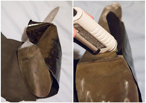 Wrap the hoof in leather and use the hot glue gun to attach the leather at the edges.